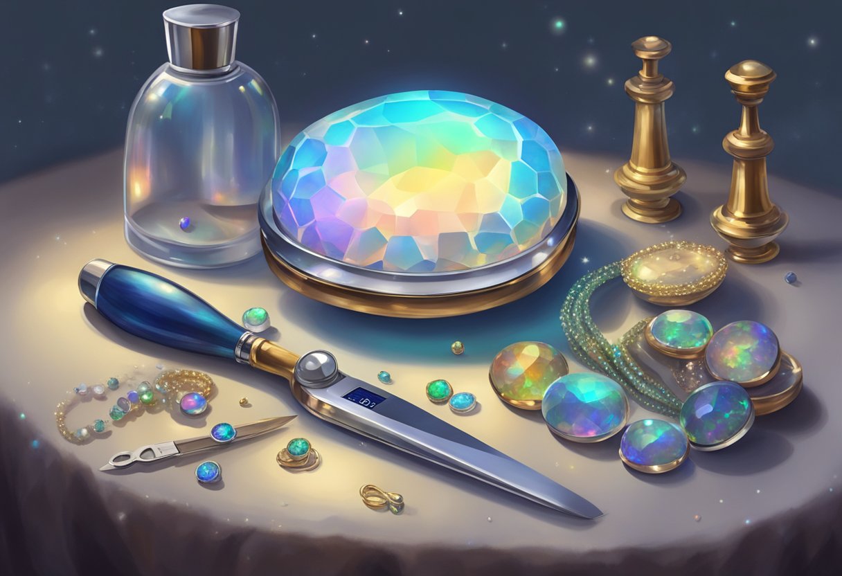 A sparkling opal lies on a velvet cushion, surrounded by measuring tools and a price tag