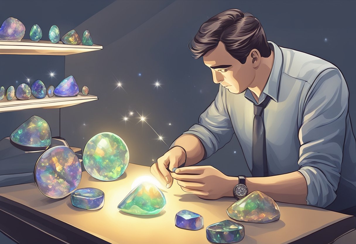 A jeweler inspecting opals under bright light for quality assessment