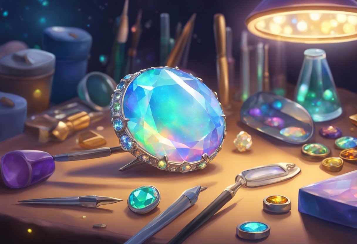 A sparkling opal gemstone sits on a velvet cushion, surrounded by bright lights and magnifying tools. A jeweler carefully examines its color and clarity