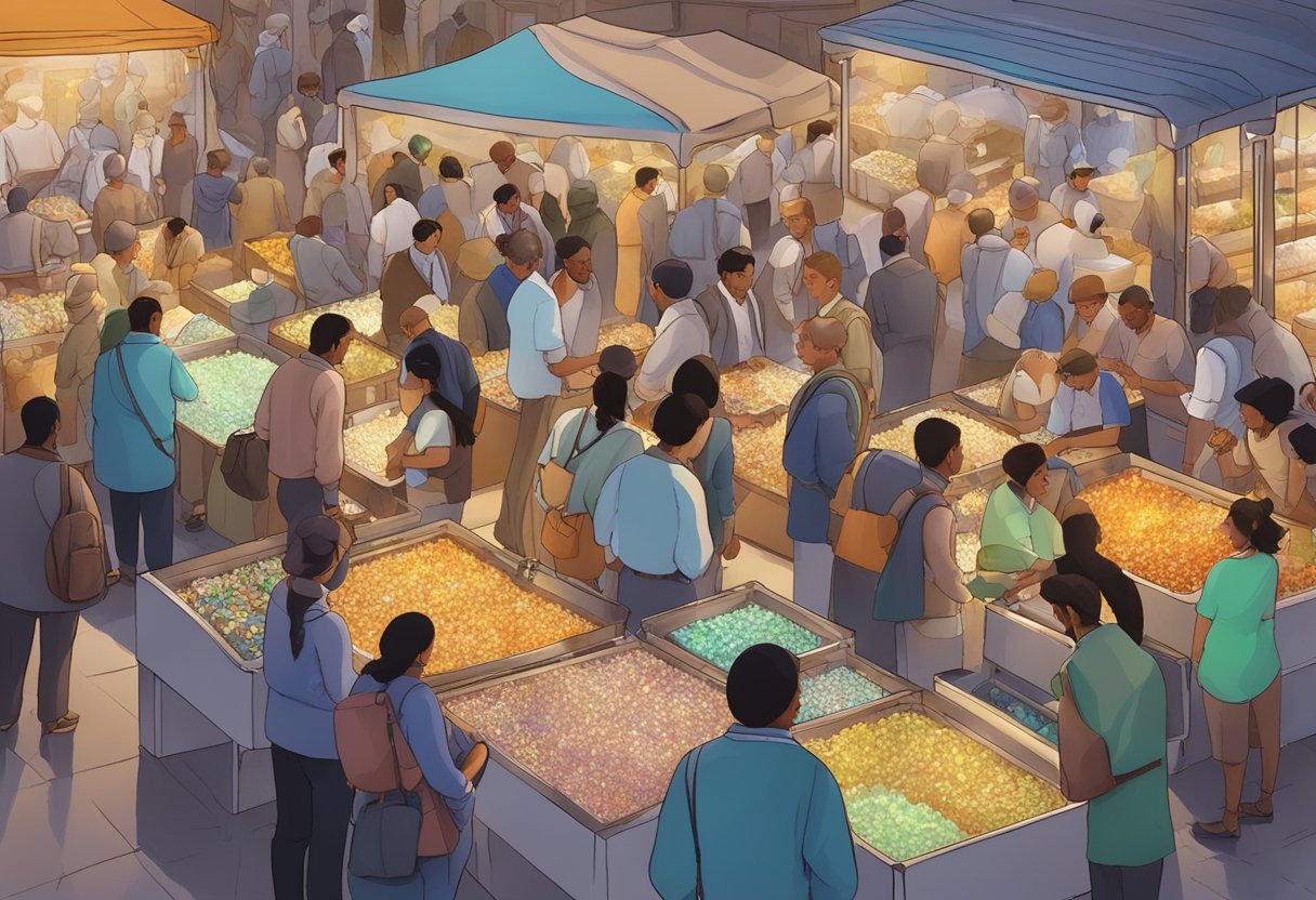 A bustling gemstone market with opals displayed in various colors and sizes, surrounded by eager buyers and sellers discussing pricing