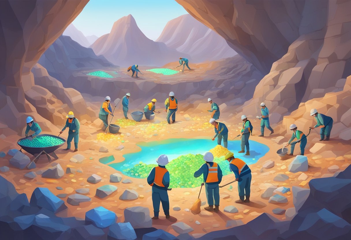 A bustling opal mine with workers extracting colorful stones from the earth, surrounded by piles of valuable opal