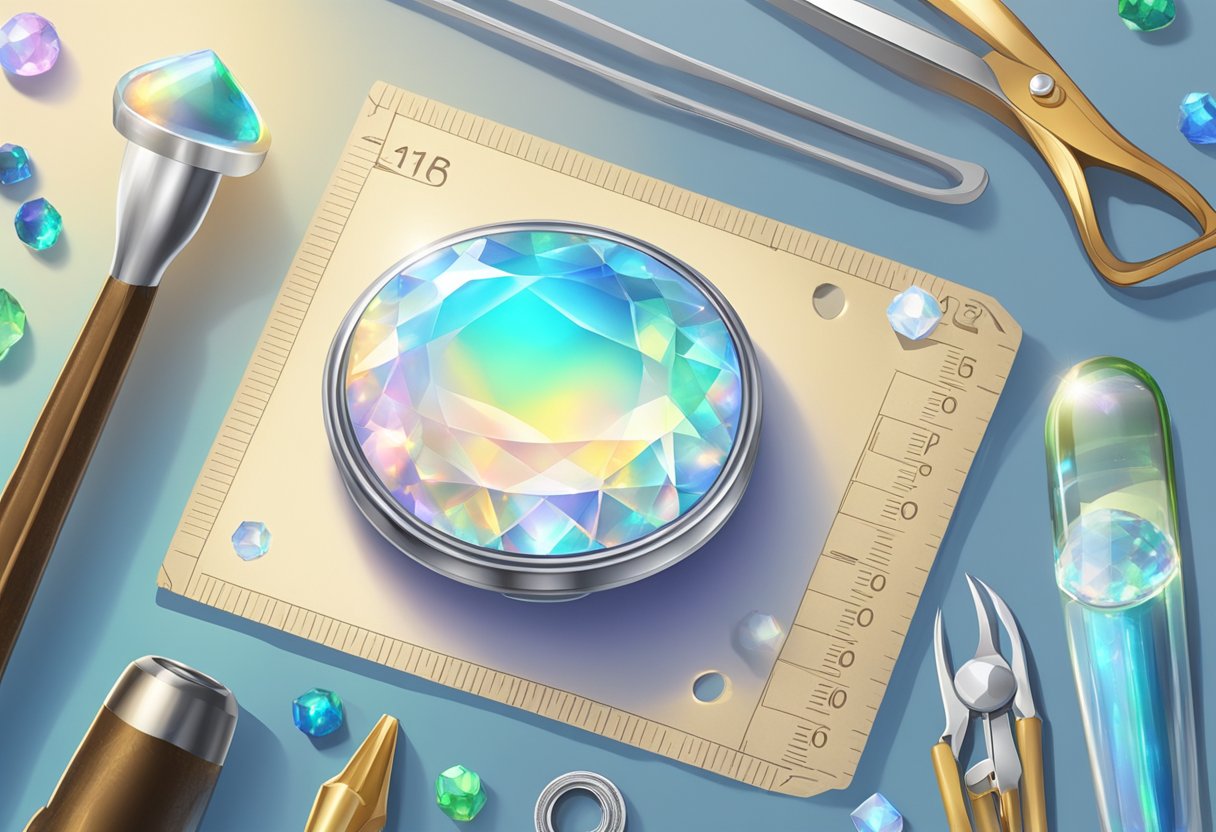 A sparkling opal surrounded by measuring tools and a price tag