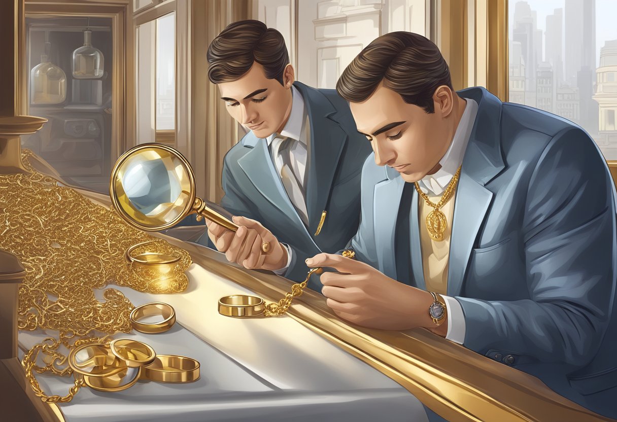 A jeweler examining a gold necklace with a magnifying glass