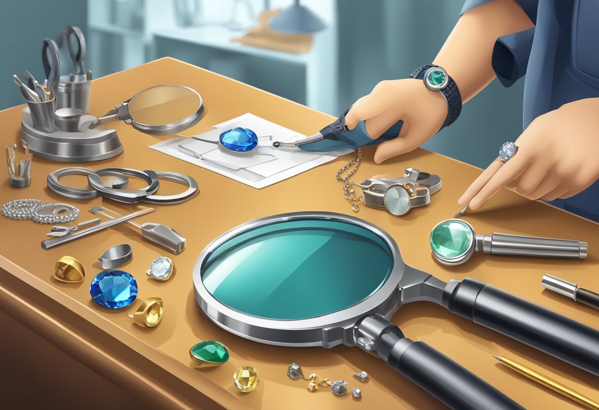 A jeweler inspecting a piece of jewelry under a magnifying glass, with various tools and equipment for hallmarking displayed on the workbench