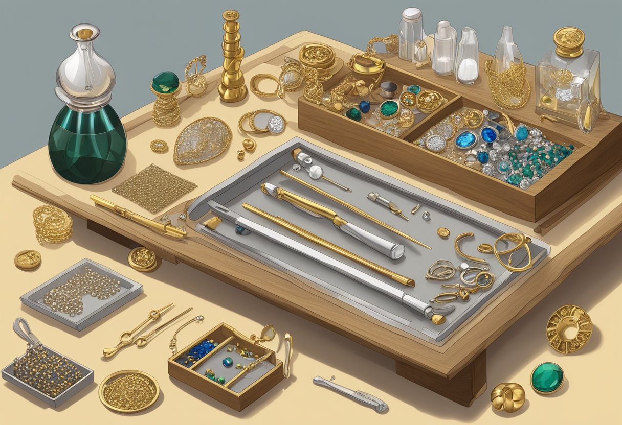 A jeweler's workbench with various gold alloys labeled 750, 18k, and 75% pure, alongside jewelry pieces for reference