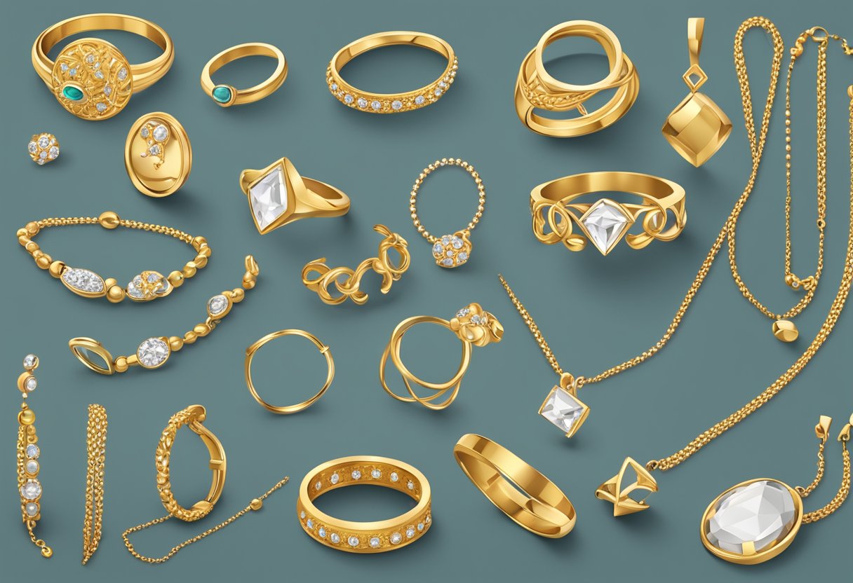 A display of various gold jewelry pieces, including rings, necklaces, and bracelets, with the number "750" visible on each item