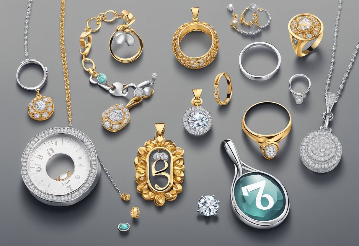 A jewelry piece with the number "750" prominently displayed, surrounded by other pieces of jewelry and a magnifying glass