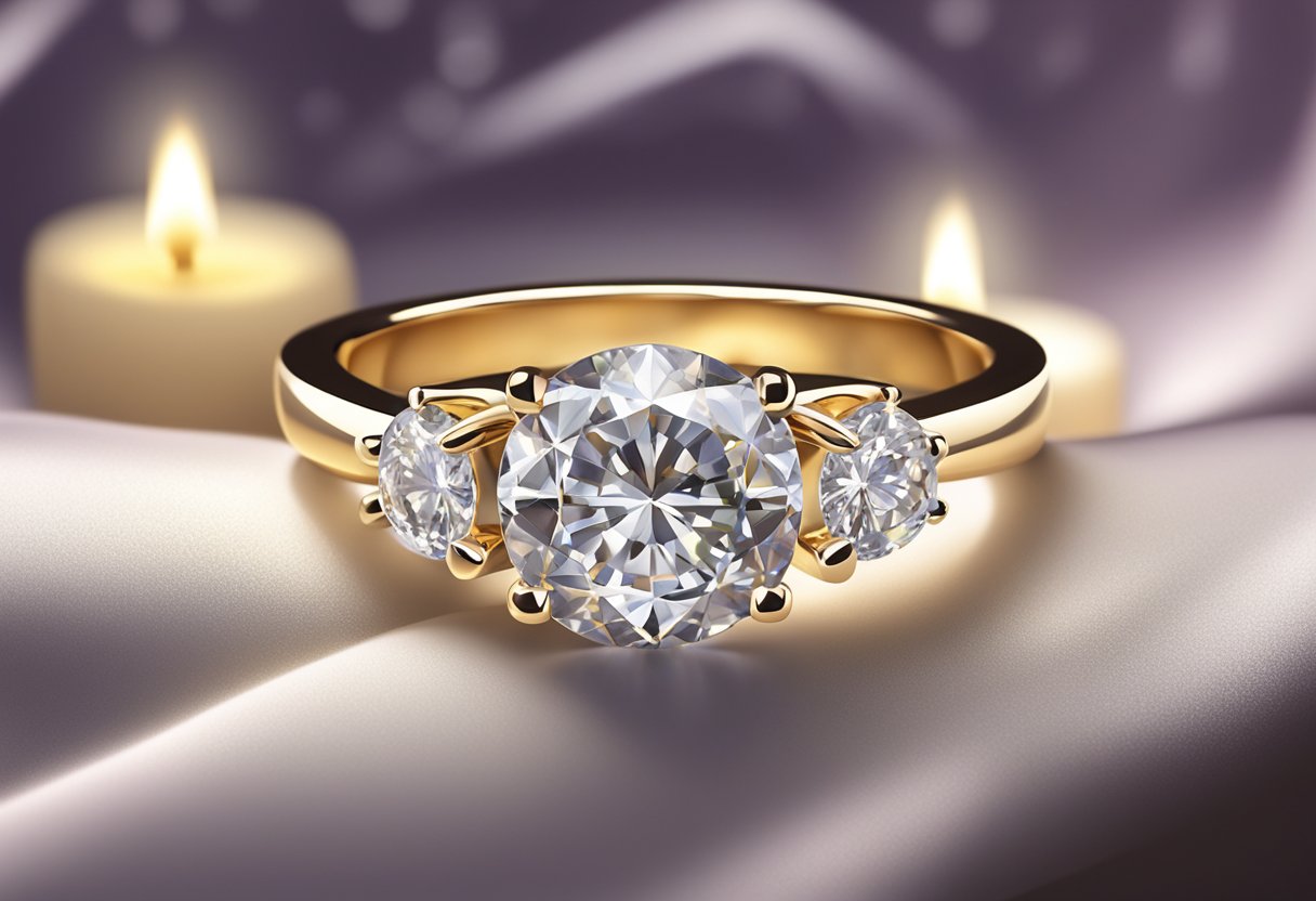 A sparkling diamond ring on a velvet cushion, surrounded by soft candlelight