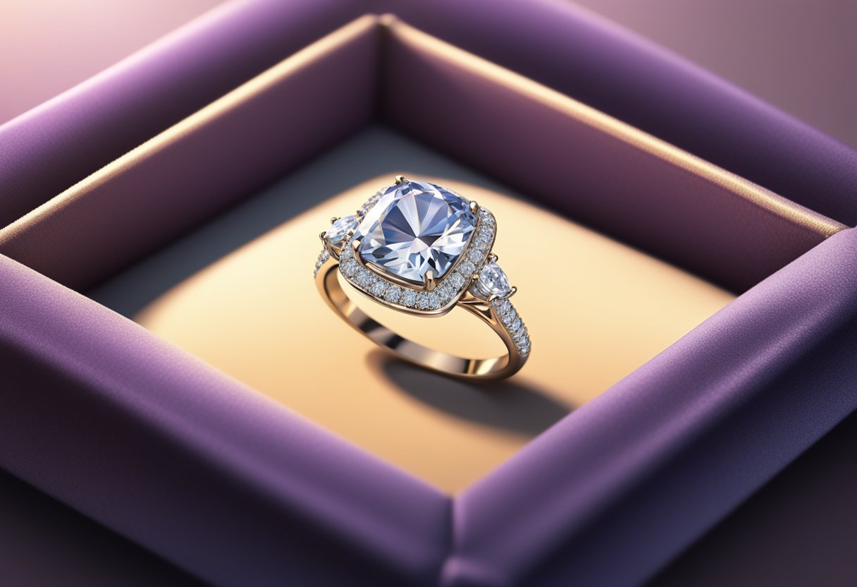 A sparkling diamond ring sits on a velvet cushion, casting a soft glow in the dimly lit room