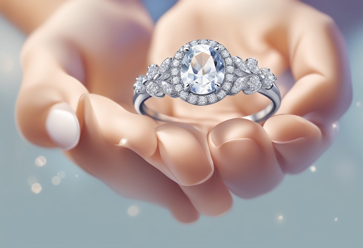 A close-up of a delicate hand holding a sparkling ring, with intricate details and a soft, elegant background