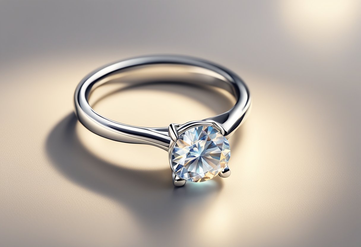 A small, delicate ring rests on a smooth surface, catching the light with its sparkling gemstone