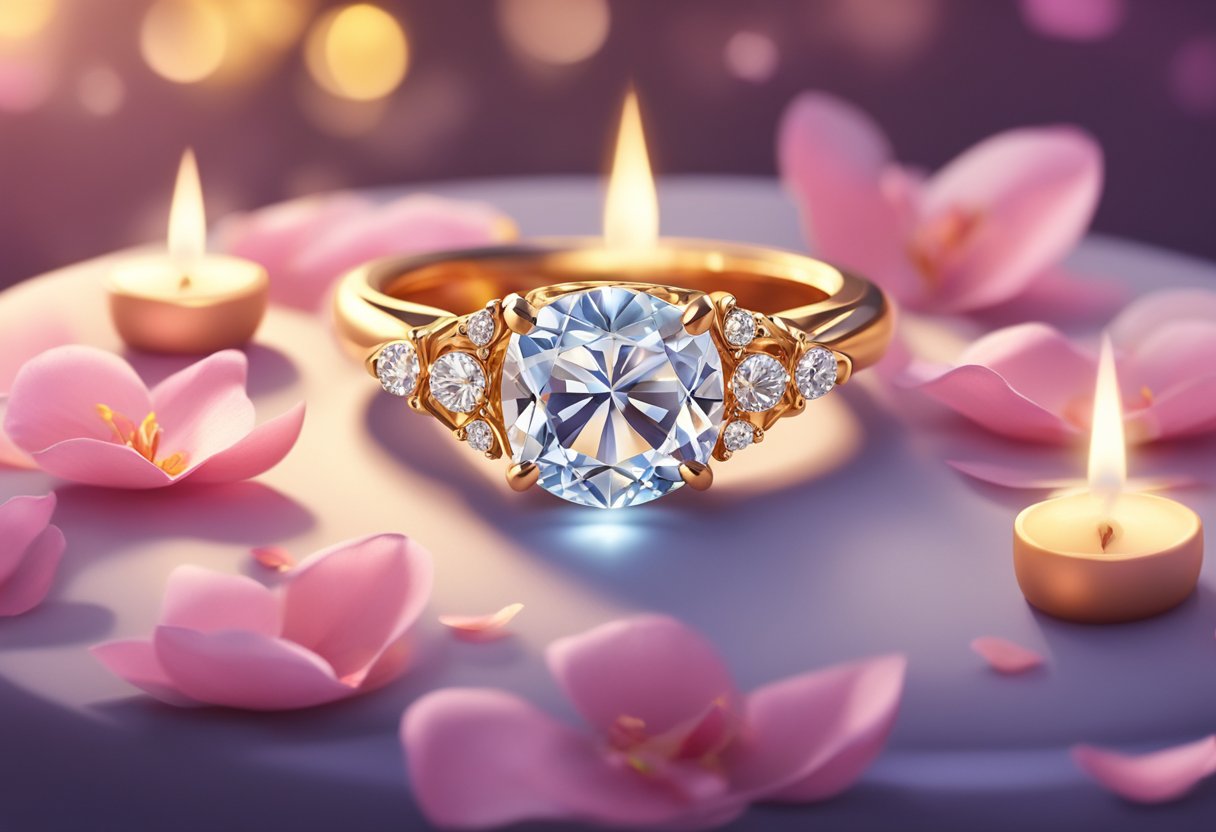 A sparkling diamond ring on a velvet cushion, surrounded by rose petals and candlelight