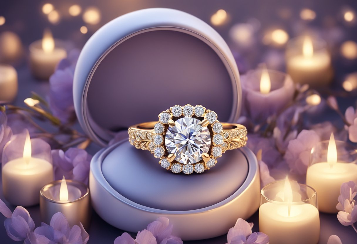 A close-up of a sparkling diamond engagement ring on a velvet cushion, surrounded by soft candlelight and floral decorations