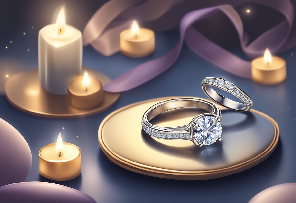 A sparkling engagement ring rests on a velvet cushion, surrounded by soft candlelight