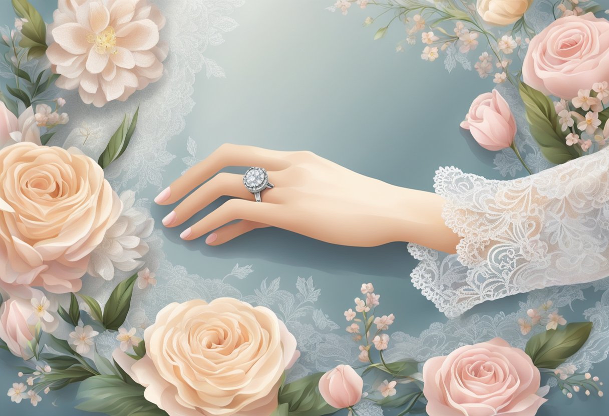 A delicate hand with a sparkling ring, surrounded by soft floral arrangements and elegant lace fabric