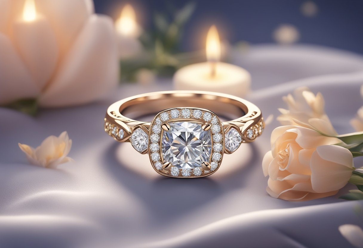 A sparkling diamond ring sits on a velvet cushion, surrounded by delicate flowers and soft candlelight