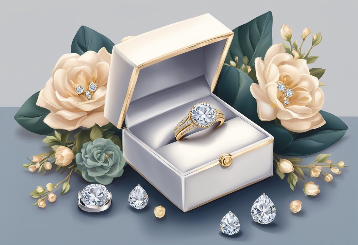 A luxurious diamond ring displayed on a velvet cushion surrounded by elegant packaging and floral arrangements