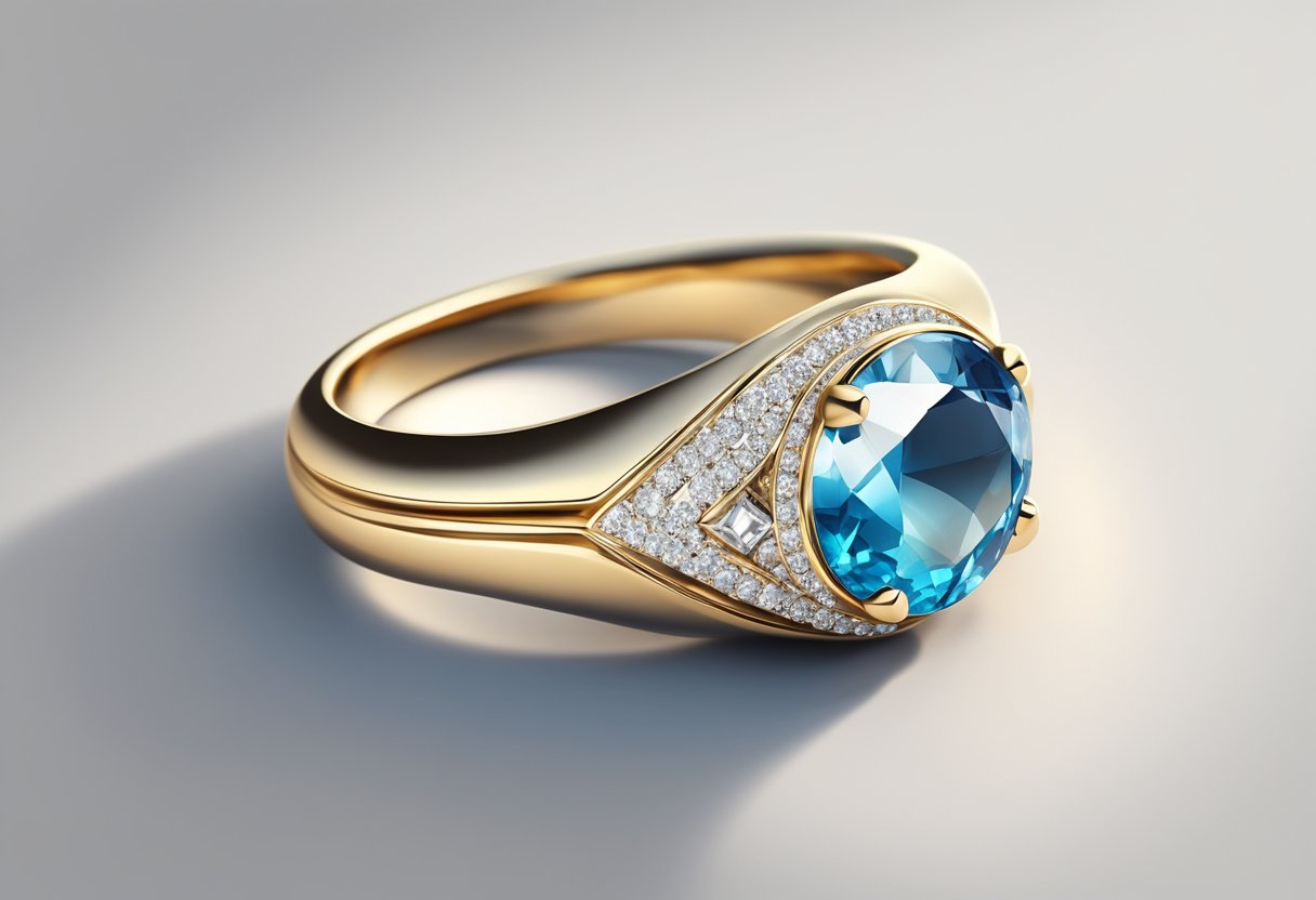 A sleek, modern ring with geometric design and sparkling gemstones, exuding elegance and sophistication