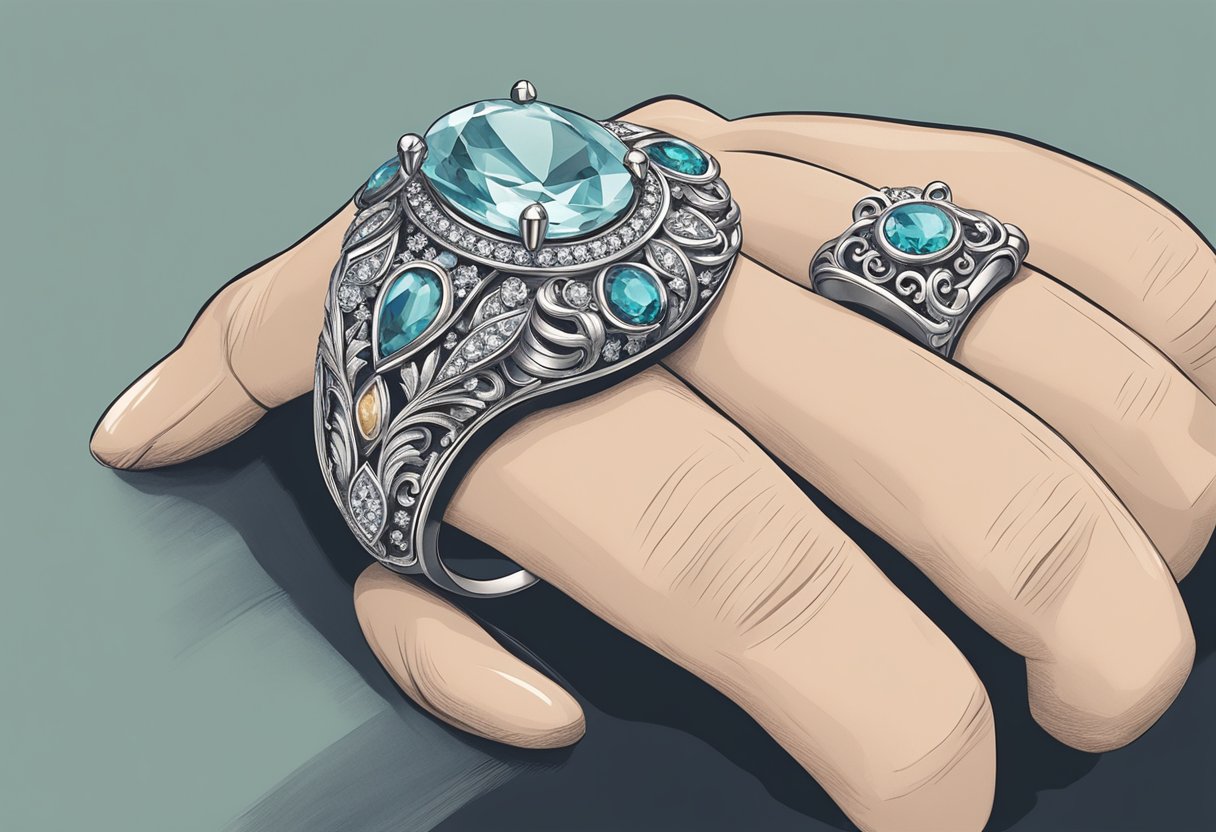 A close-up of a hand holding a delicate, vintage-inspired ring with intricate details and a large, sparkling gemstone