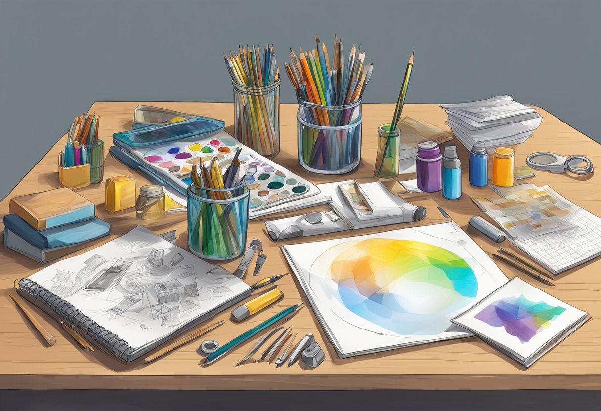 A table covered in art supplies, with a ring and various project sketches scattered around