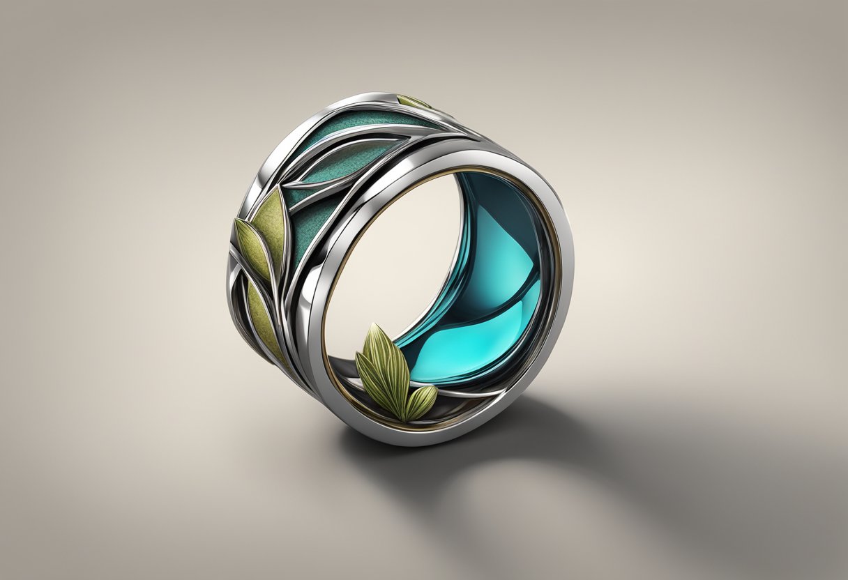 A sleek, modern ring design inspired by geometric shapes and nature's organic forms, with a touch of vintage elegance