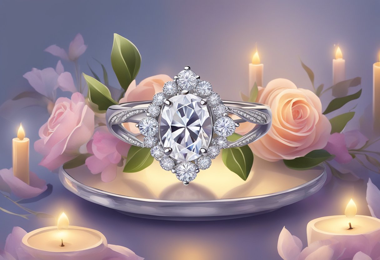 A sparkling diamond ring sits atop a velvet cushion, surrounded by flickering candlelight and delicate floral arrangements