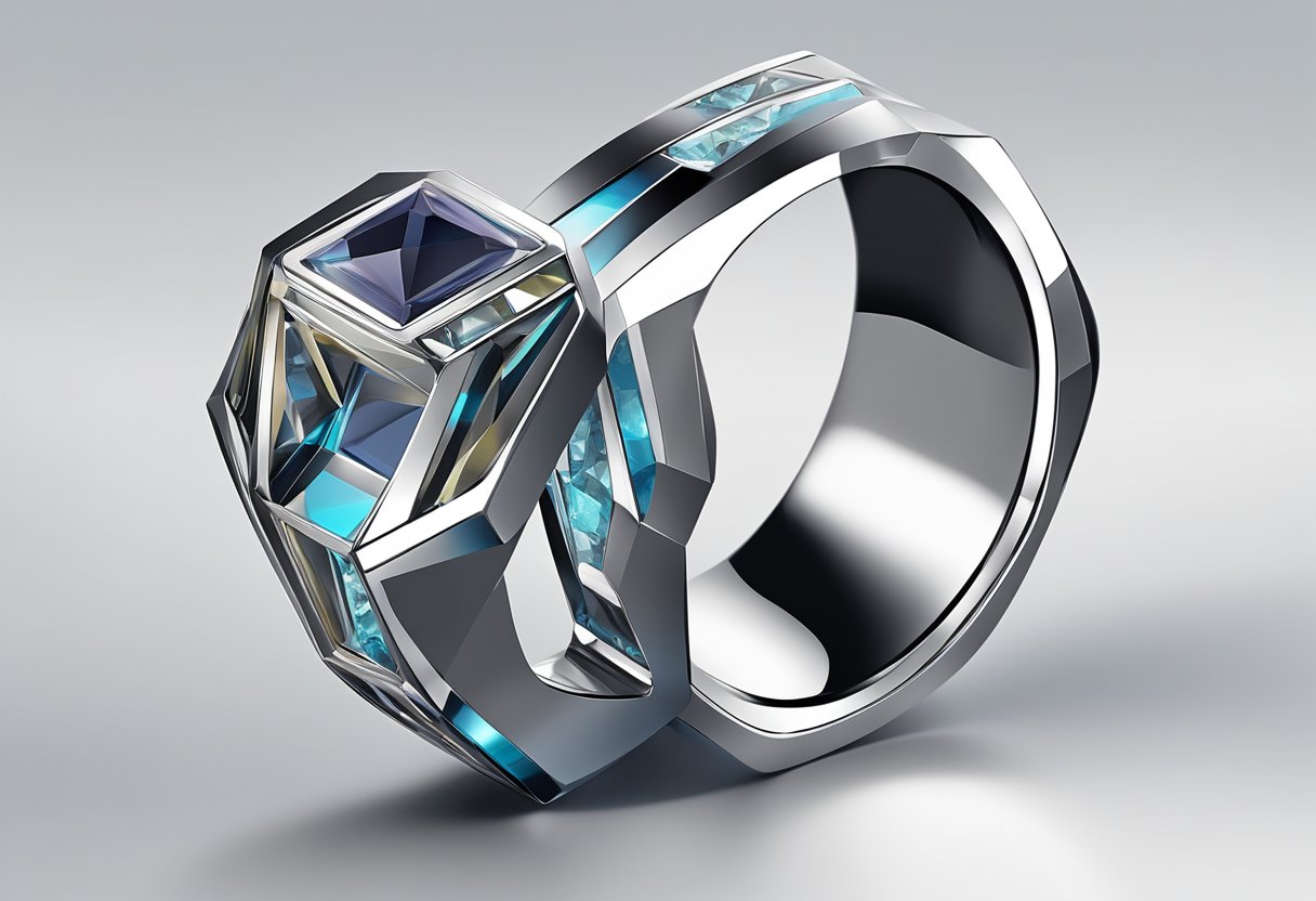 A sleek, modern ring with a futuristic design, featuring geometric shapes and metallic accents