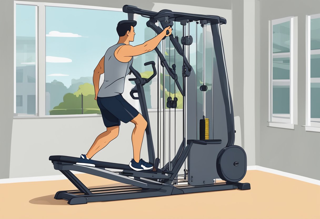 Een persoon die een machine gebruikt die kracht- en cardio-oefeningen combineert