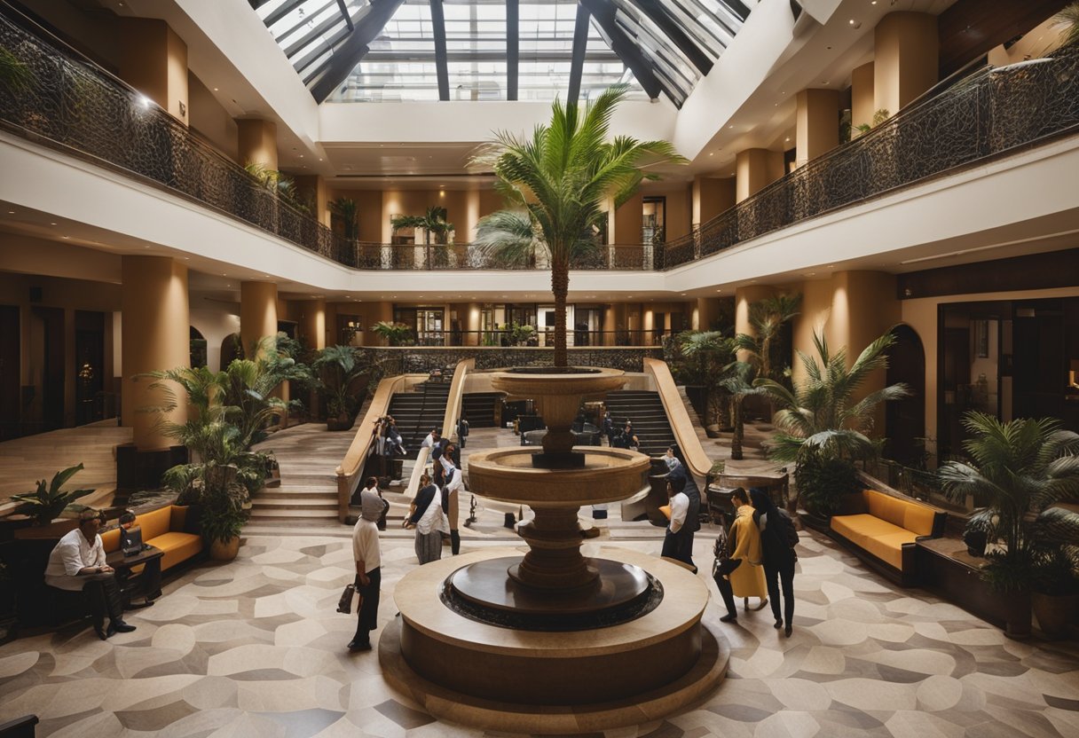 A bustling hotel lobby in Guadalajara, with guests checking in at the front desk and a grand staircase leading to the upper floors