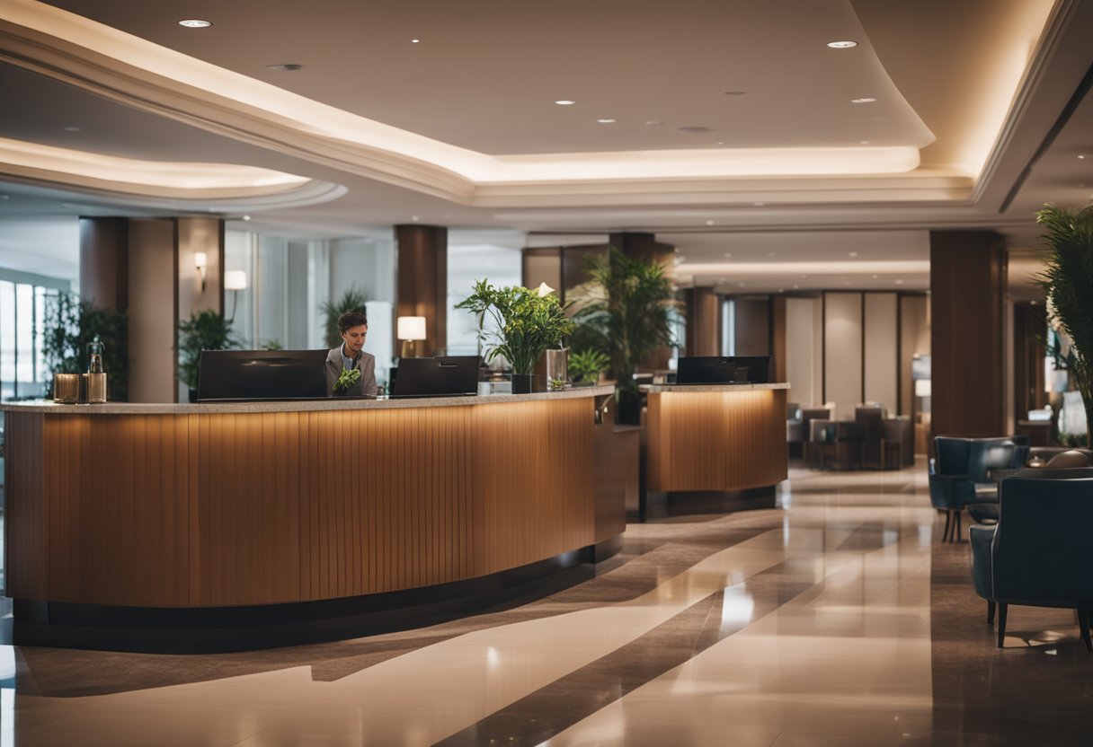 A bustling hotel lobby with modern decor and cozy seating areas. A reception desk with a friendly concierge and guests coming and going