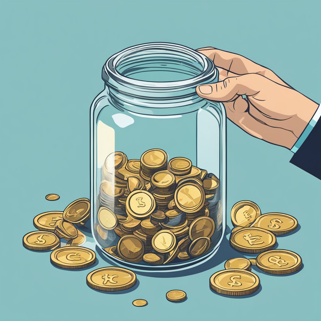 A clear glass jar filled with coins, with a hand reaching in to deposit another coin, symbolizing transparency in financial transactions