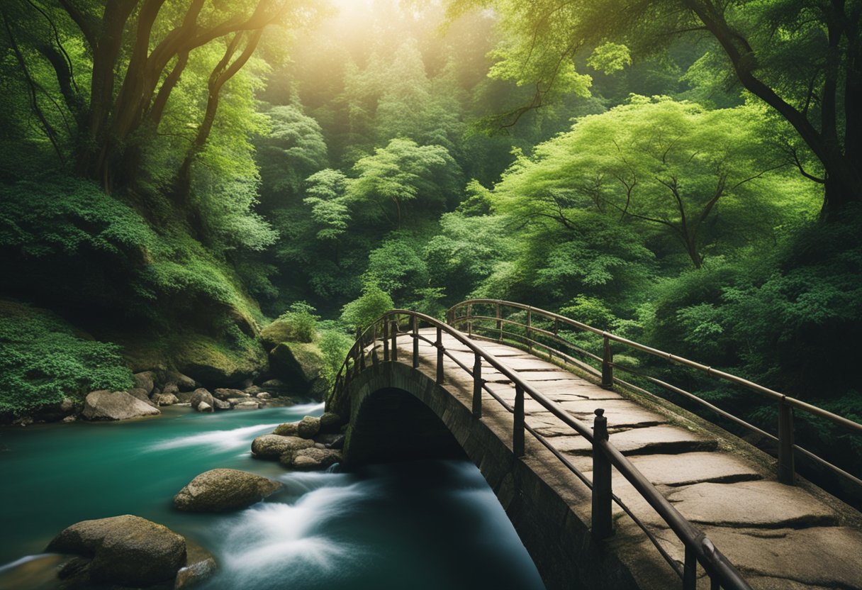 A sturdy stone bridge spans a deep ravine, surrounded by lush greenery and flowing water