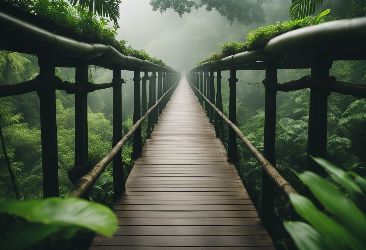 A lush jungle surrounds the towering Jorullo Bridge, with mist rising from the river below