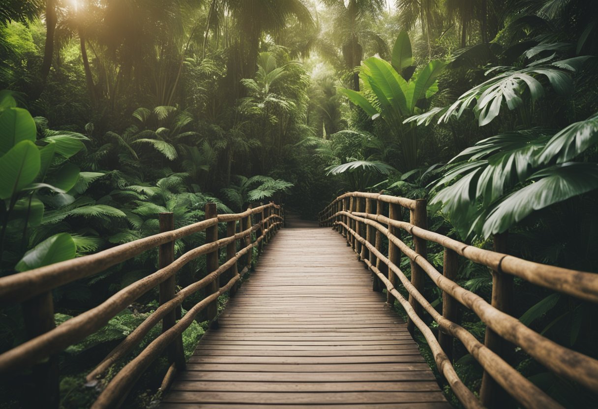 A rustic wooden bridge spans a lush river, surrounded by tropical foliage and adorned with colorful banners