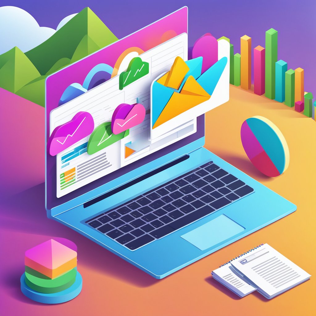 A laptop displaying an email marketing campaign with a graph showing increased customer engagement and sales