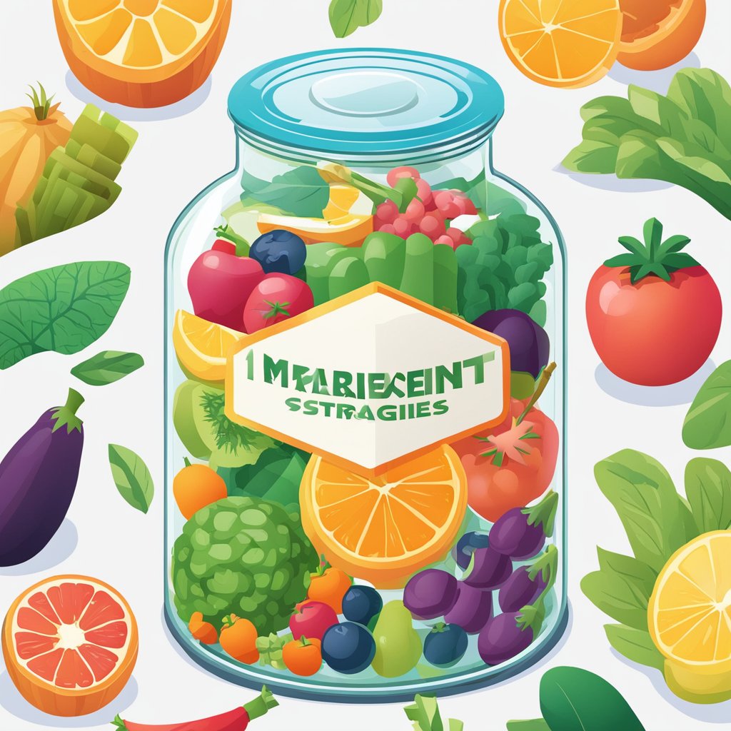 A clear glass jar filled with vibrant fruits and vegetables, with a label displaying the benefits of transparent marketing strategies for driving sales