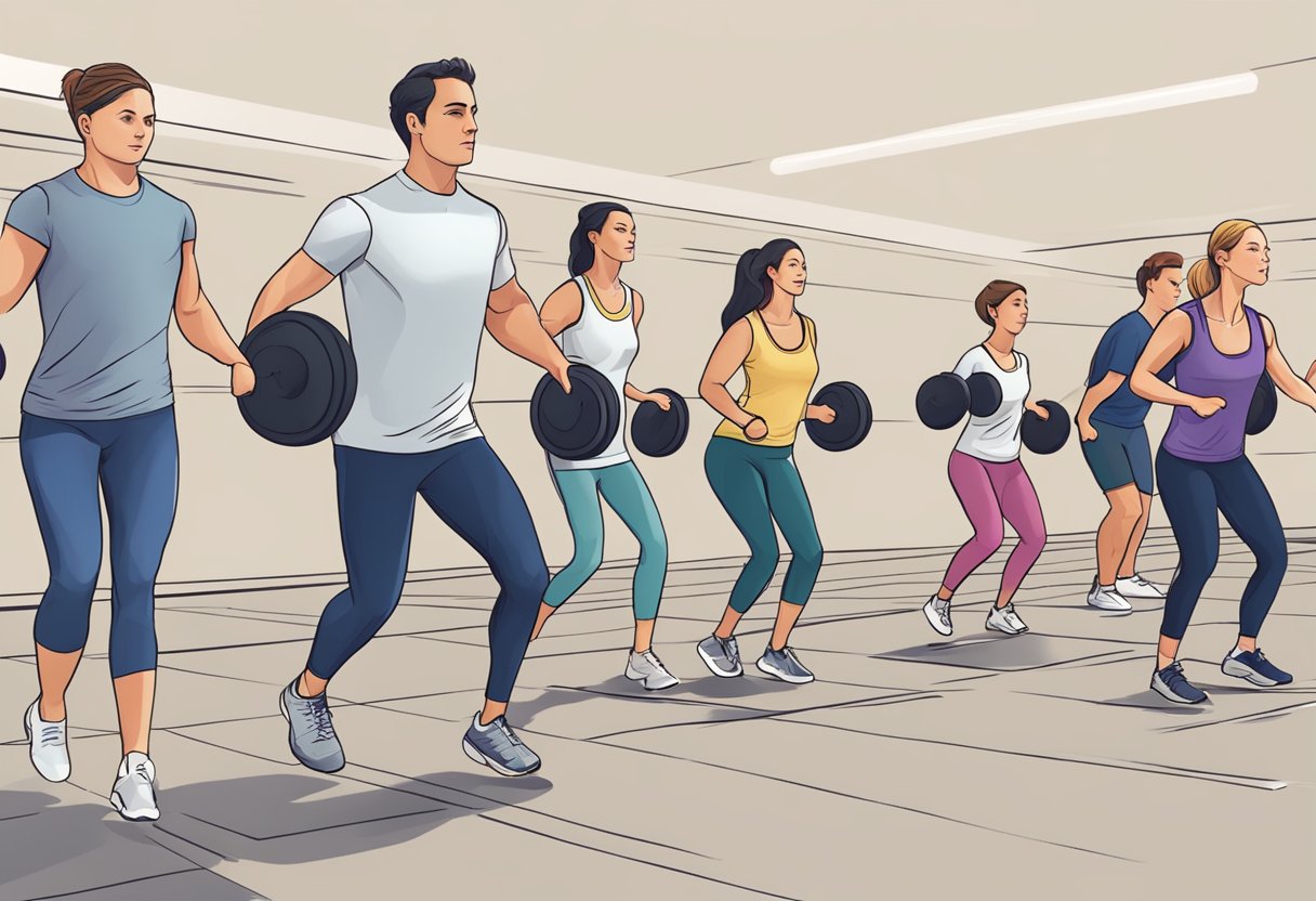 Een groep beginners die de warming-up overslaat voor krachttraining, wat kan leiden tot potentiële fouten.
