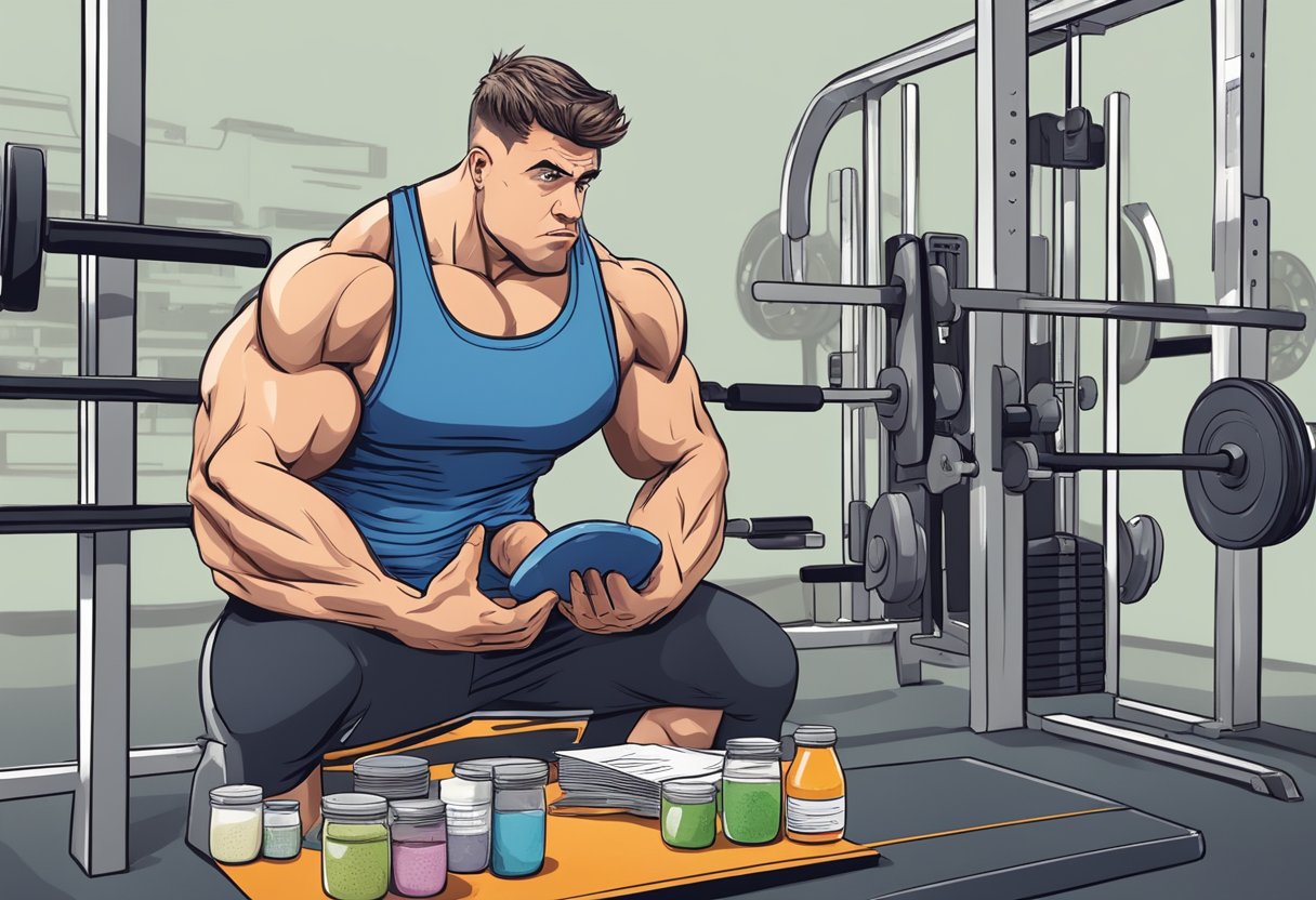 Een beginner in de sportschool, worstelend met gewichten en verward kijkend naar een complex voedingsplan.