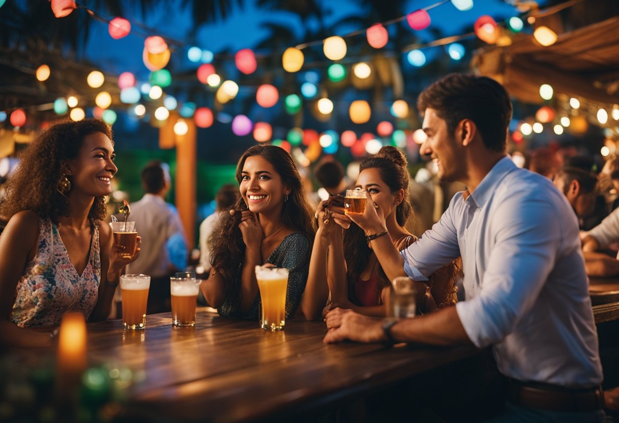 A group of people enjoying drinks at a lively outdoor bar in Mexico, with colorful decor and traditional music in the background