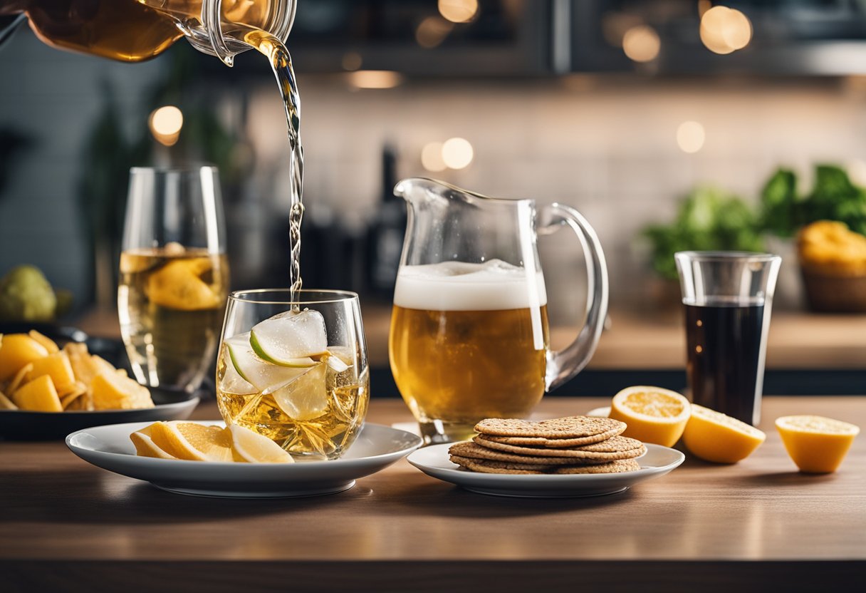 A person pouring a measured amount of alcohol into a glass, next to a pitcher of water and a plate of healthy snacks