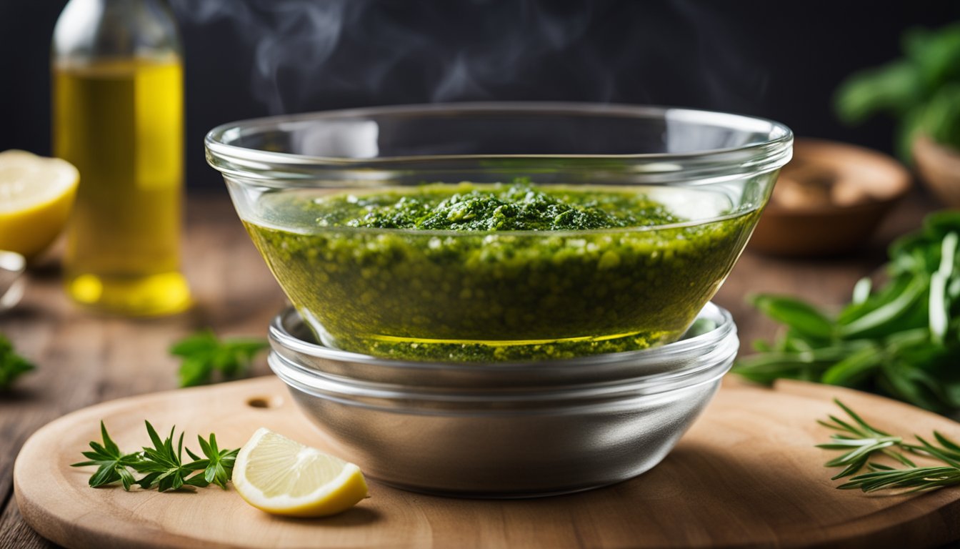 A mixing bowl filled with vibrant green marinade, made from olive oil, garlic, herbs, lemon juice, salt, and pepper