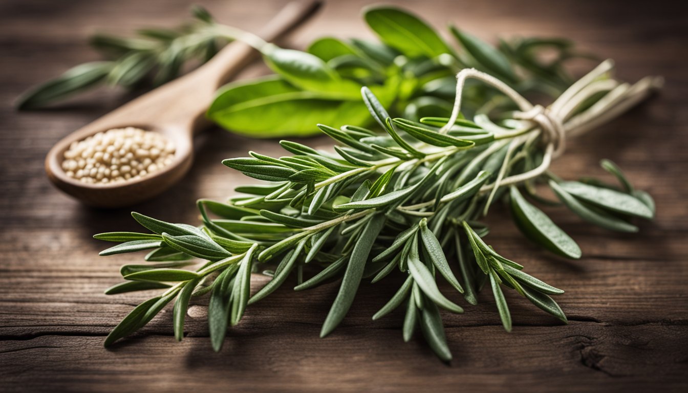 Fresh rosemary, thyme, and basil on a rustic wooden table