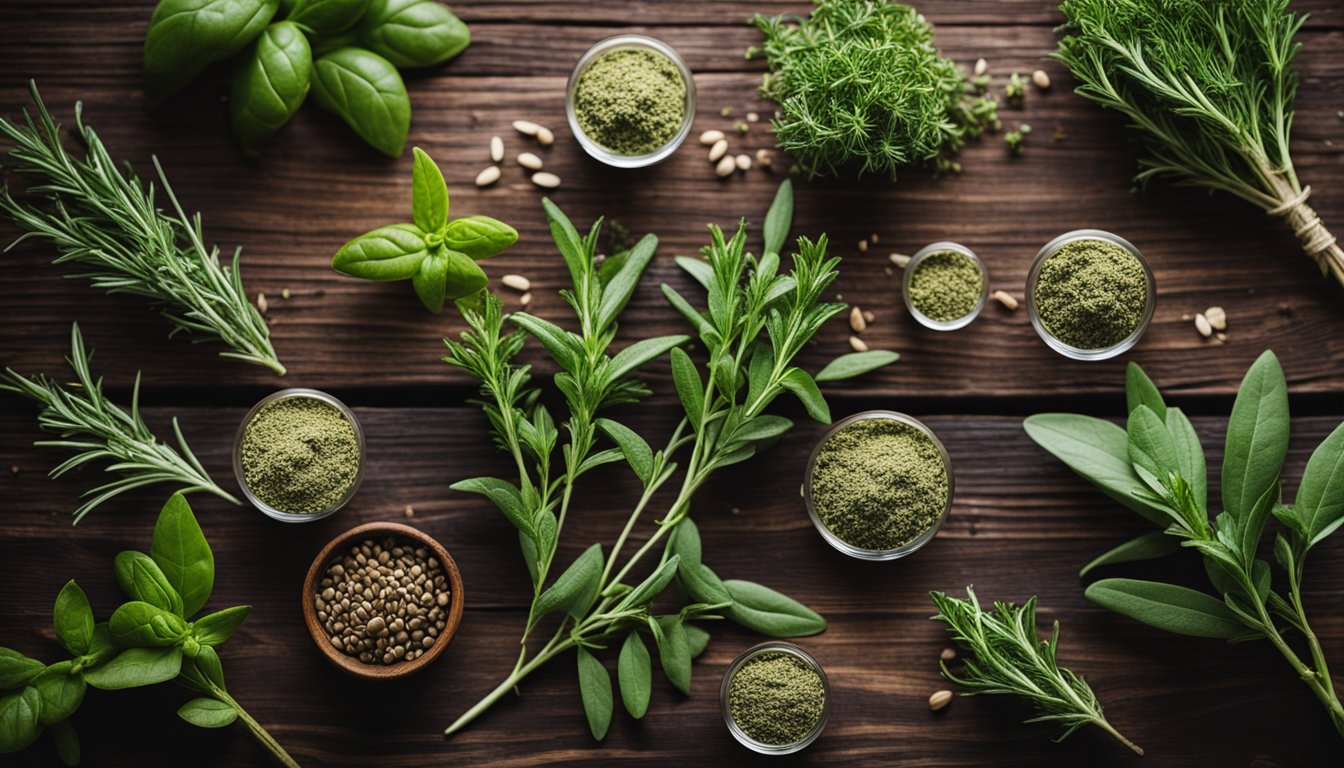 Various medicinal herbs like rosemary, thyme, and basil arranged on a wooden table