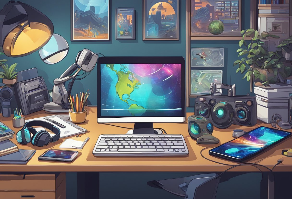 A cluttered desk with a laptop, smartphone, smartwatch, gaming console, and VR headset. Posters of sci-fi movies and comic book characters adorn the walls