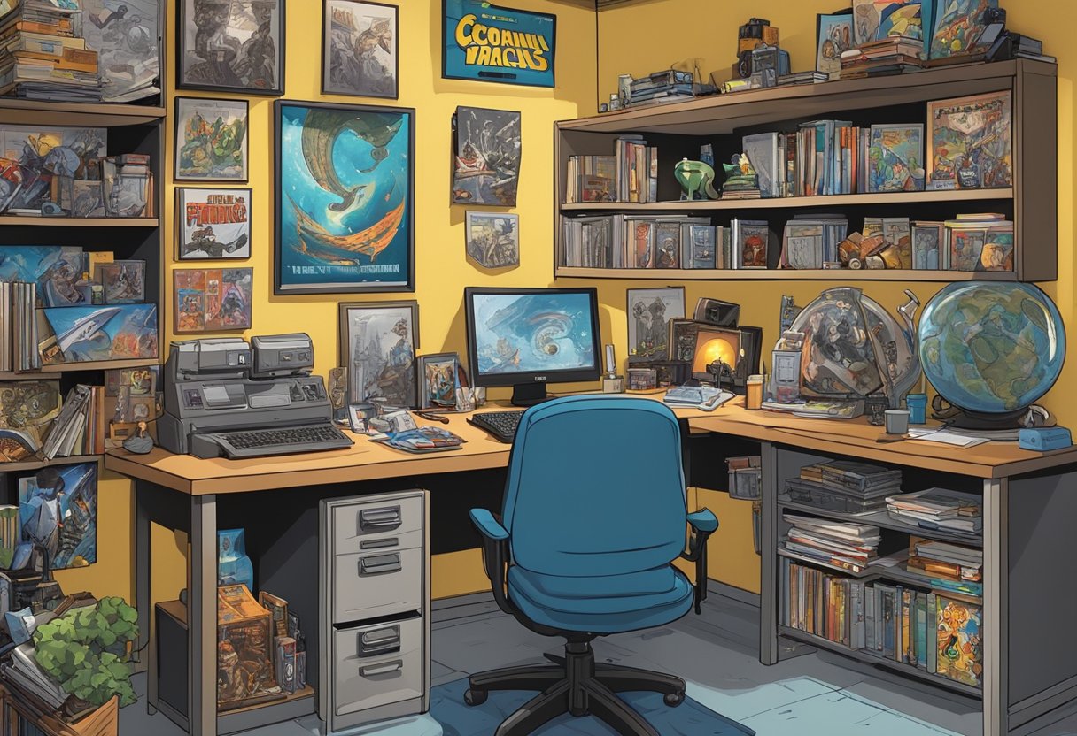 A cluttered desk with shelves of comic books, action figures, and collectible memorabilia. A poster of a popular sci-fi show hangs on the wall