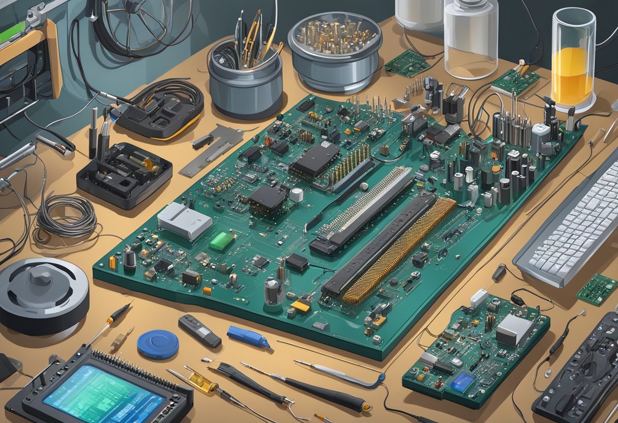 A workbench cluttered with electronic components and tools, with a soldering iron and a circuit board in progress