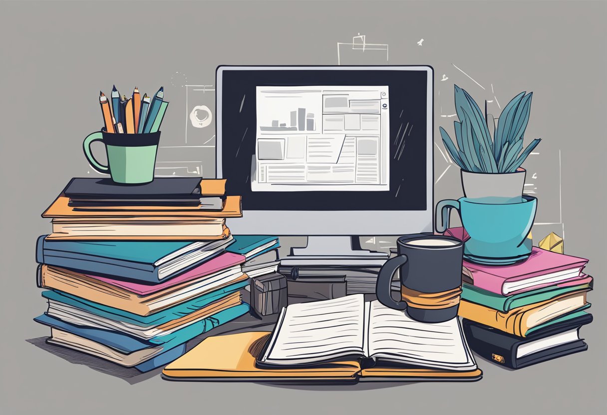 A cluttered desk with stacks of books, a laptop, and various educational materials scattered around. A mug with a geeky design sits next to a pile of comic books