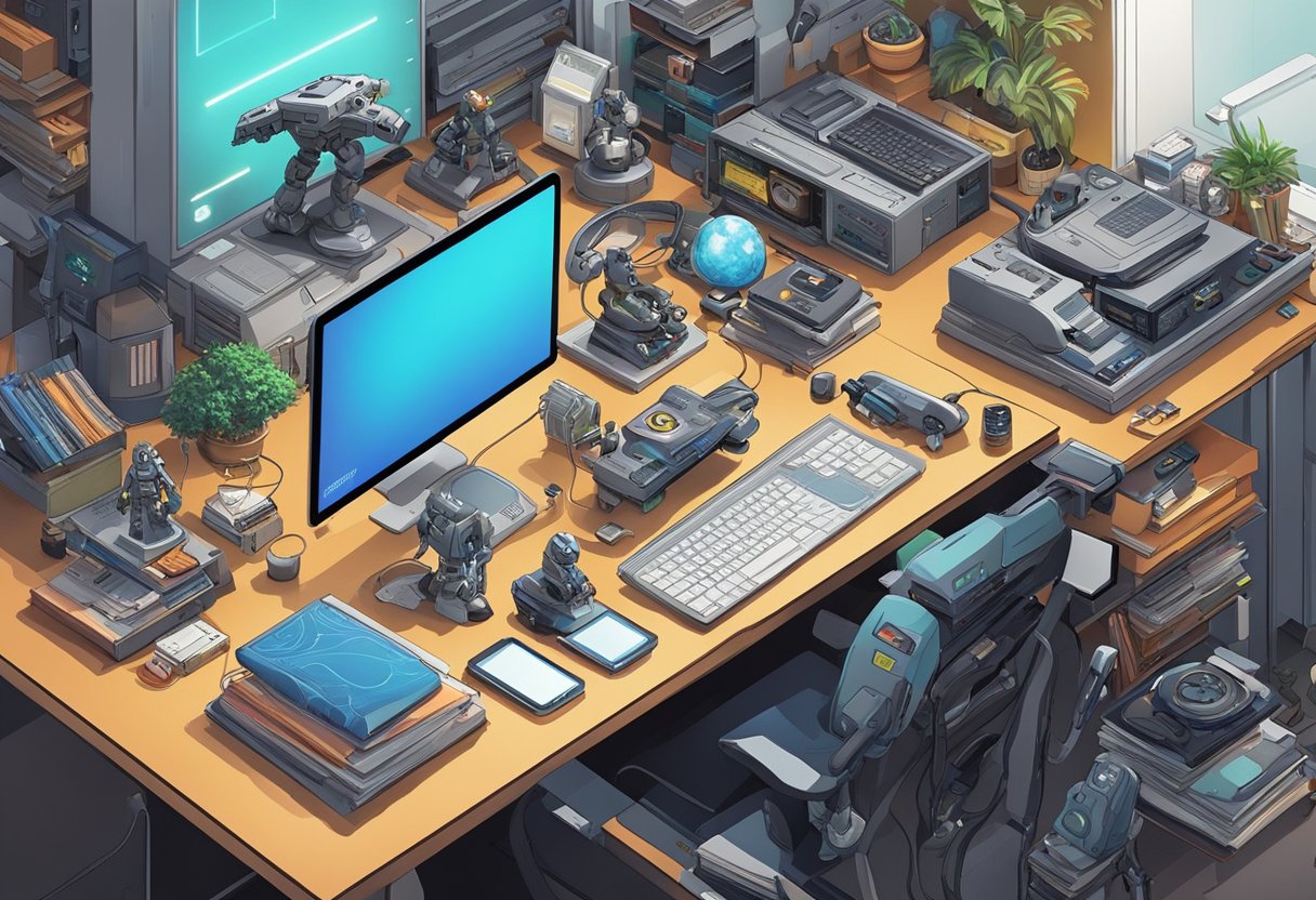 A cluttered desk with sci-fi figurines, comic books, tech gadgets, and video game paraphernalia