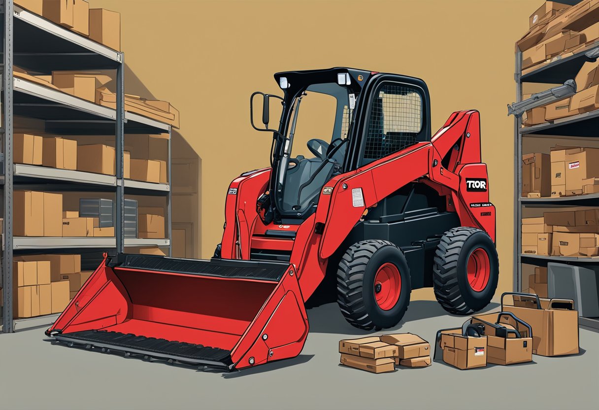 A Toro Dingo compact utility loader surrounded by various attachments and accessories in a workshop in Cleveland, Ohio