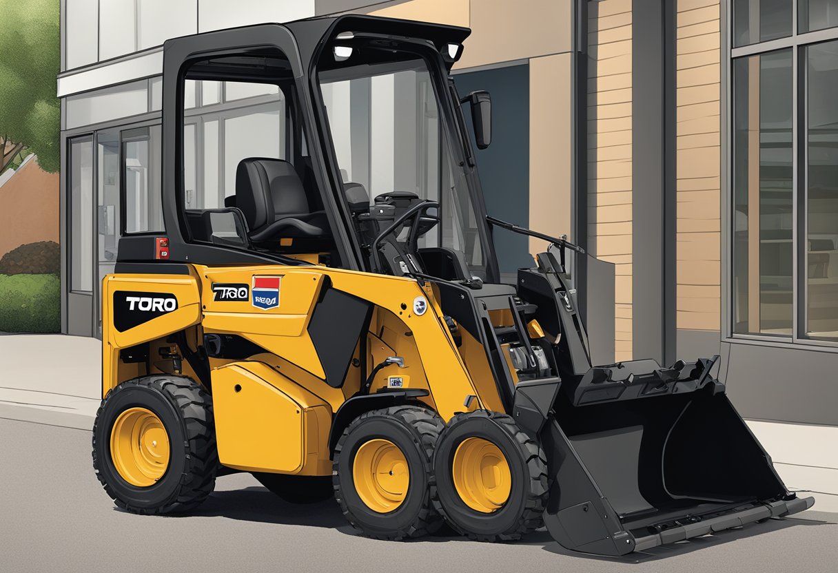 A Toro Dingo compact utility loader parked in front of a rental information office in Cleveland, Ohio